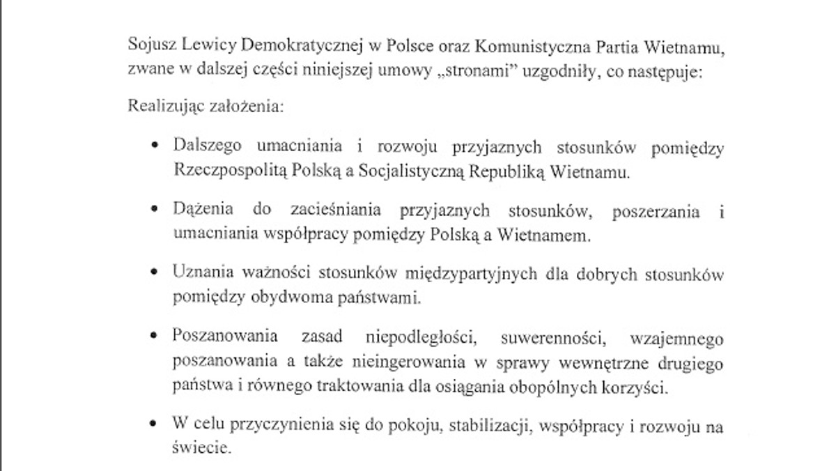 Leszek Miller dopiero co wrócił z Wietnamu, gdzie przebywał z partyjną wizytą. Nieco później wrócili inni działacze Sojuszu. — To była owocna wizyta — mówi Onetowi Konrad Gołota (SLD), członek delegacji, który nie wrócił z pustymi rękami, ale z umową pomiędzy SLD a Komunistyczną Partią Wietnamu (KPW). — Wyście ich poinformowali, że Polska już nie jest krajem komunistycznym, a Miller już nie jest premierem? — szydzą internauci na www SLD. Co tak właściwie jest w tej umowie? Sprawdziliśmy.