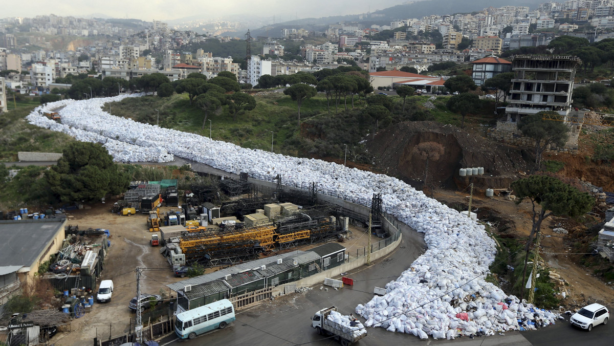 A general view shows packed garbage bags in Jdeideh, Beirut