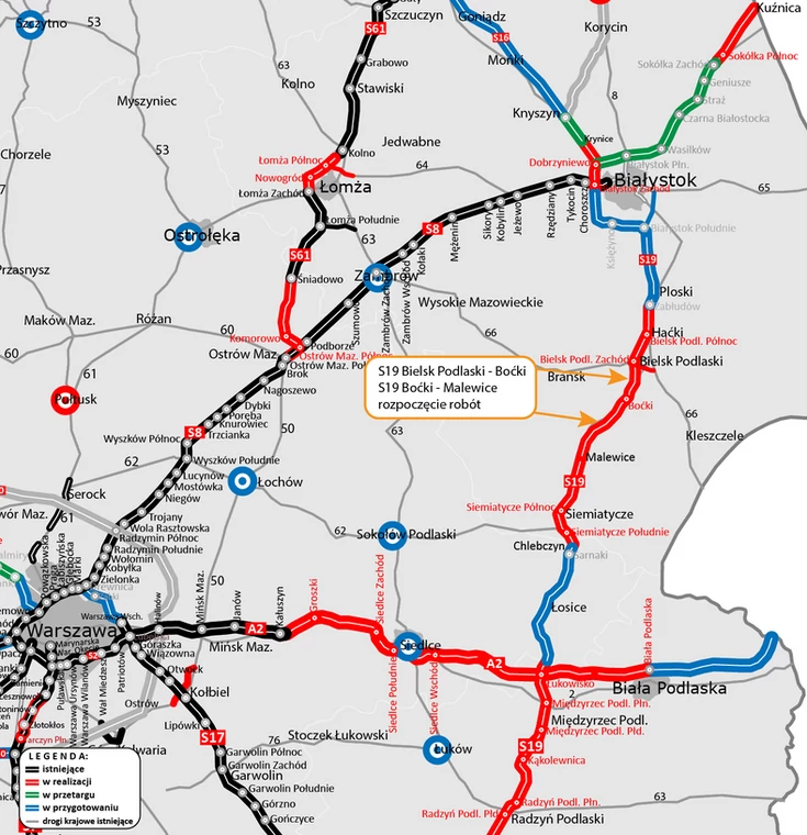 Mapa przebiegu drogi ekspresowej S19 Bielsk Podlaski — Malewice