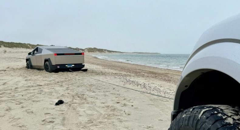 A Tesla Cybertruck had to be helped out of the sand on Nantucket Island on May 2.iPullOut Beach Towing