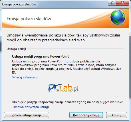 MS PowerPoint 2010 – okno dialogowe funkcji emisji pokazu