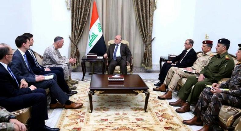 Iraqi Prime Minister Haider al-Abadi and members of his government meet with the US delegation on April 3, 2017