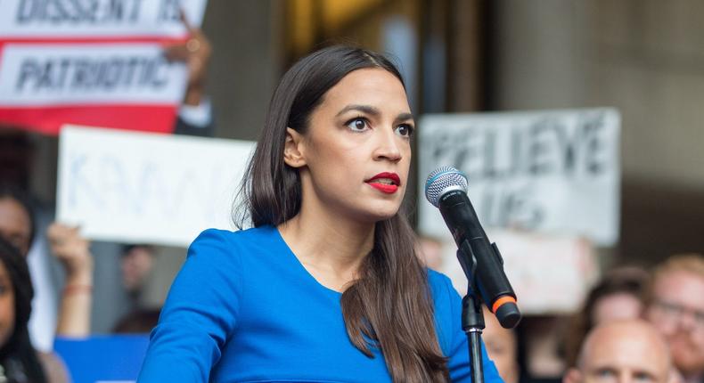 Alexandria Ocasio-Cortez at a rally opposing Judge Brett Kavanaugh's nomination to the Supreme Court in October 2018.