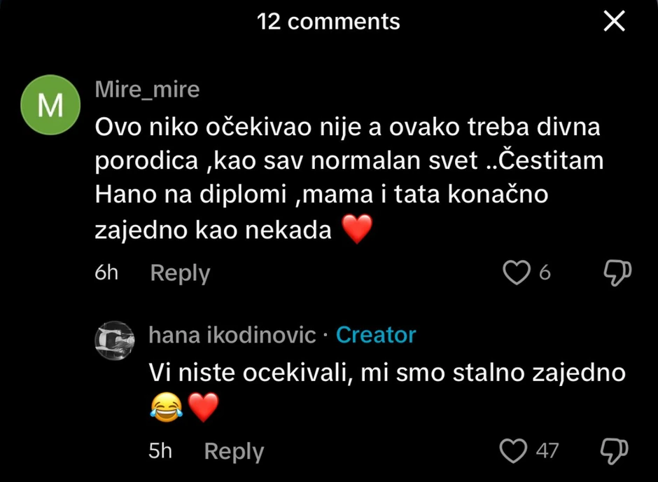 Hana Ikodinović prokomentarisala iznenađenje što su joj mama i tata zajedno
