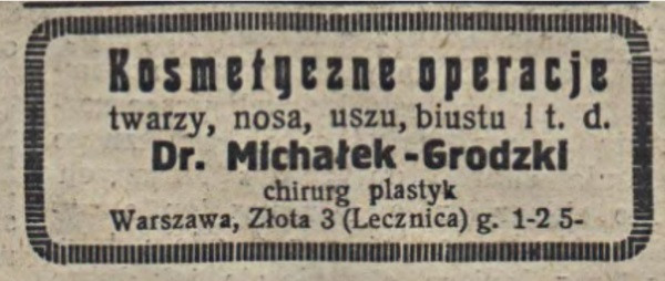Inne ogłoszenie promujące tego samego chirurga plastycznego opublikowane w „Mojej Przyjaciółce” w 1935 roku