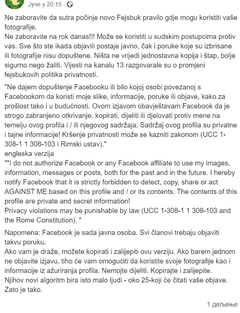 Status koji godinama kruži internetom, a Fejbuk još uvek nije postao osoba