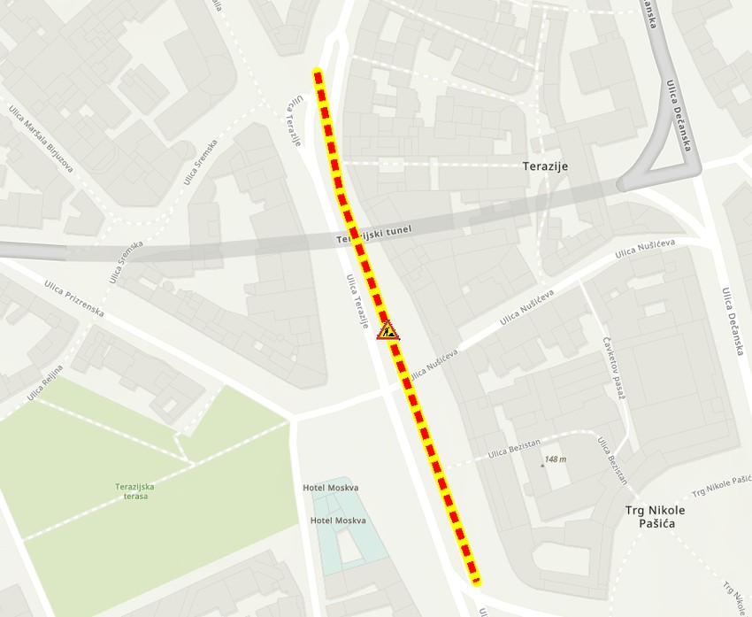Radovi na kolovozu u Ulici Terazije, od Trga Nikole Pašića do Palate Albanija
