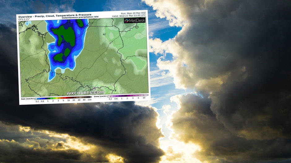 We wtorek doświadczymy pogody w kratkę (mapa: wxcharts.com)