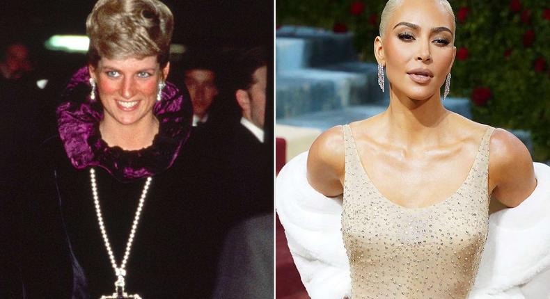 Princess Diana wearing the pendant and Kim Kardashian wearing Marilyn's gown [People]