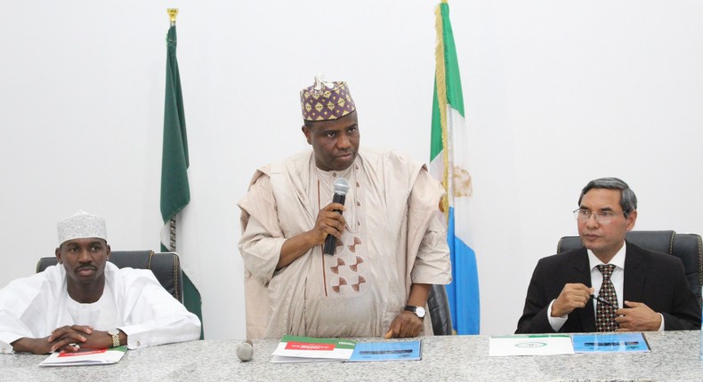 Governor Aminu Waziri Tambuwal making a remark before the signing of agreement between UNICEF and Sokoto state government in Sokoto. With his are deputy governor Ahmed Aliyu and UNICEF's Chief of Field, Mr. Mohammad Mohiuddin... Thursday 28/04/2016 