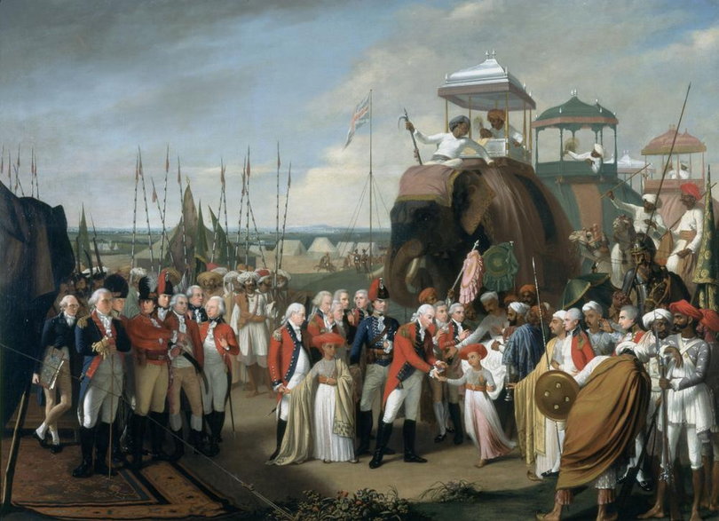 Generał Lord Cornwallis przyjmujący dwóch synów sułtana Tipu jako zakładników w roku 1793