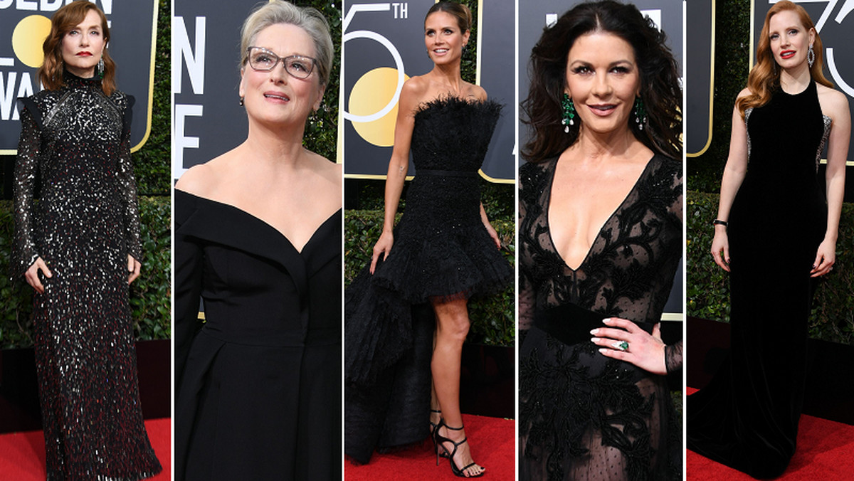 Gwiazdy na czerwonym dywanie podczas gali Złote Globy 2018: Isabelle Huppert, Meryl Streep, Heidi Klum, Catherine Zeta-Jones i Jessica Chastain