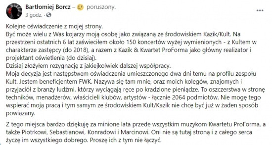 Bartłomiej Borcz o zakończeniu współpracy z Kultem