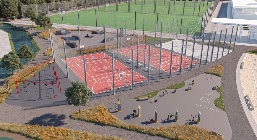 Wrocławskie Centrum Sportu to m.in. boiska do koszykówki, siatkówki, teqballa, korty tenisowe, sportowe place zabaw, siłownia zewnętrzna, a także tereny do relaksu wzdłuż rzeki Ługowiny.