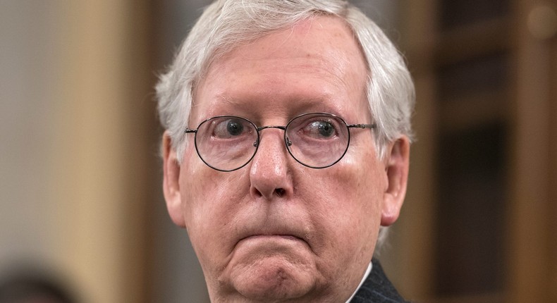 Senate Minority Leader Mitch McConnell, R-Ky., listens as the Senate Rules Committee holds a hearing on the For the People Act, which would expand access to voting and other voting reforms, at the Capitol in Washington, Wednesday, March 24, 2021.
