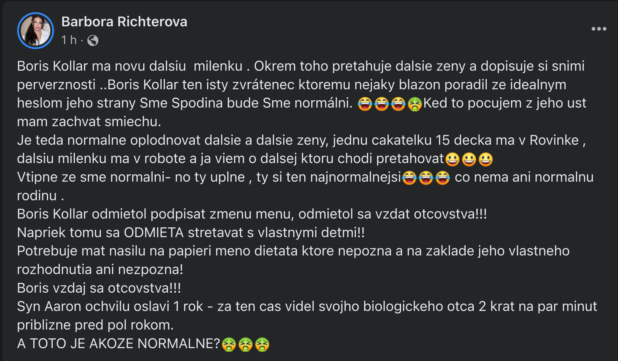 Barbora Richterová zverejnila ďalší status na adresu Borisa Kollára.