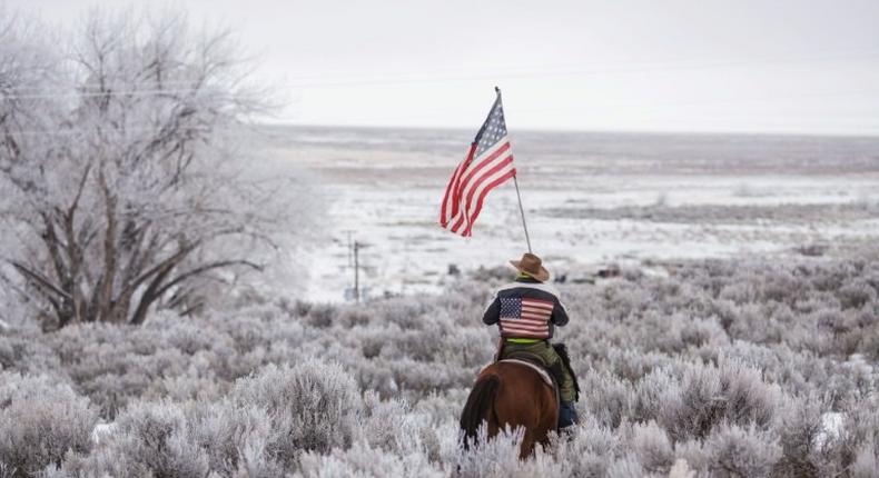 Duane Ehmer rides his horse Hellboy at the occupied Malheur National Wildlife Refuge in Oregon on January 7, 2016