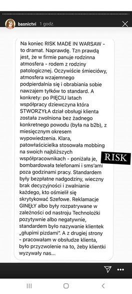 Zarzuty wobec RISK made in Warsaw opublikowane anonimowo na stories @basnictvi