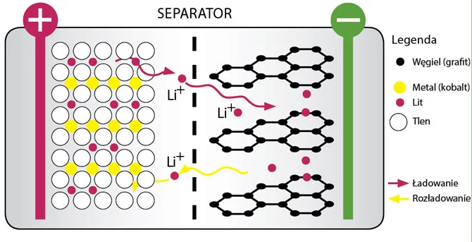 Akumulator zbudowany jest z dwóch elektrod (litowo-metalowej i litowo-grafitowej), pomiędzy którymi znajduje się elektrolit. Ten transportuje ładunek elektryczny (jony litu).
