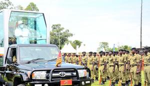 President Yoweri Museveni touring the police parade at the Labour Day celebrations in Fort Portal