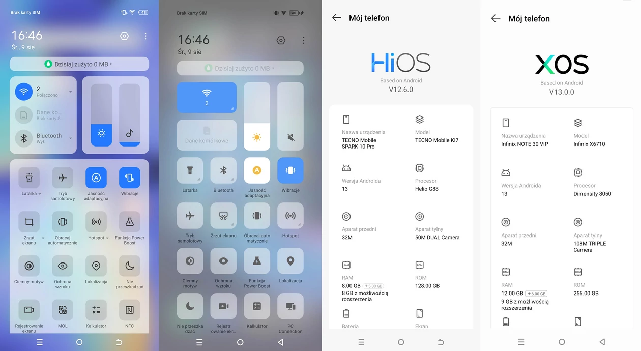 Niby inne, a jakże podobne - obok siebie ekrany ustawień oraz informacji o smartfonach z modelu Tecno Spark 10 Pro oraz INfinix Note 12 VIP (z Tecno zawsze po lewej w parze)
