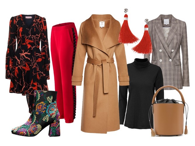 Prezenty dla modnej kobiety: Płaszcz szlafrokowy, Patrizia Aryton, 2199 zł, Spodnie z lampasem, Vasina, 460 zł, Botki z haftem, Cellbes.pl, 279 zł; Marynarka w kratę, 999 zł; Golf, Cellbes.pl, 79 zł, Torebka, Ryłko, 299.99 zł, Sukienka, Bizuu, 1790 zł; Kolczyki, Cellbes.pl, 49 zł
