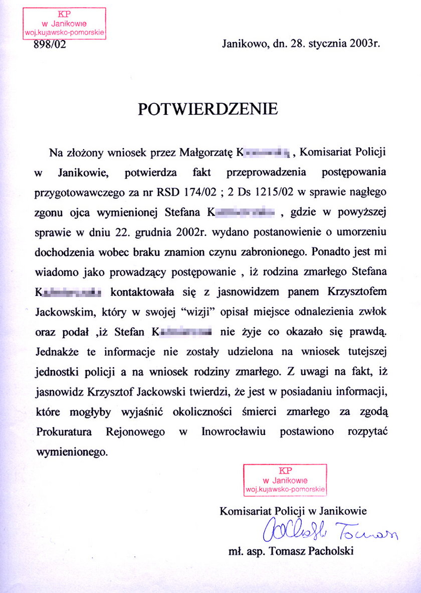 Oto list z podziękowaniami, które jasnowidz Krzysztof Jackowski otrzymał od policji