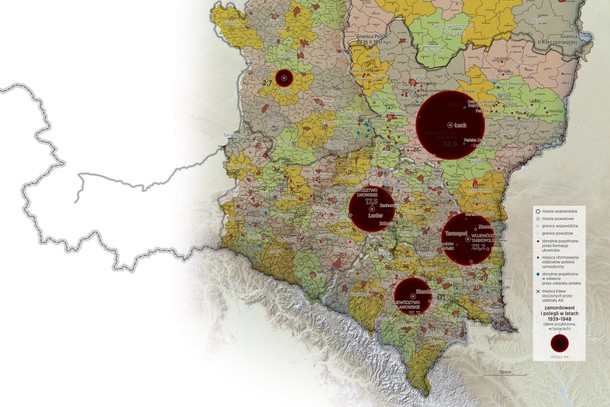 Mapa, przedstawiająca zasięg rzezi wołyńskiej