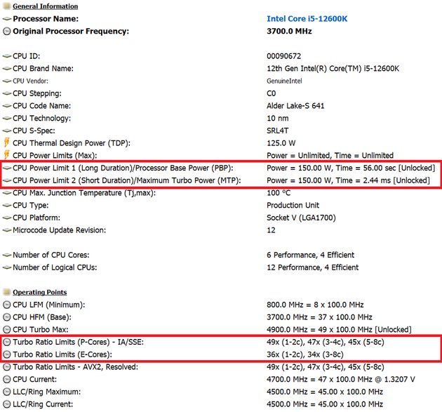 Intel Core i5-12600K – HWiNFO64 – domyślne maksymalne taktowania i limity mocy