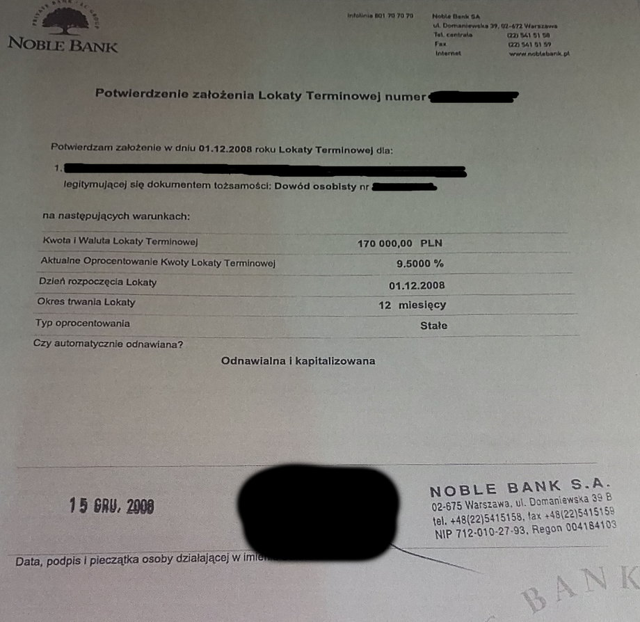 W niektórych miejscach zdeponowane w banku 170 tys. zł nazywane jest "lokatą", w innych dokumentach "kaucją". 