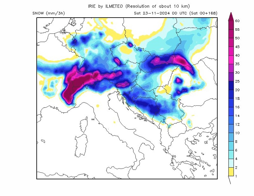 Mapa snežnih padavina i visina snega
