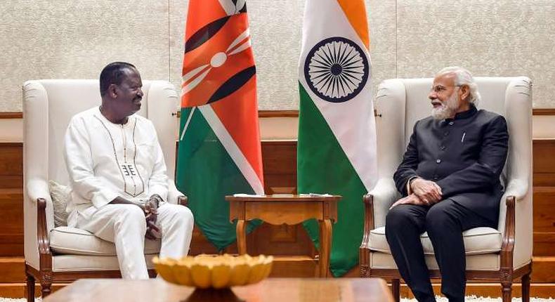 New Delhi:  Former Prime Minister Raila Odinga with Indian Prime Minister Narendra Modi during their meeting