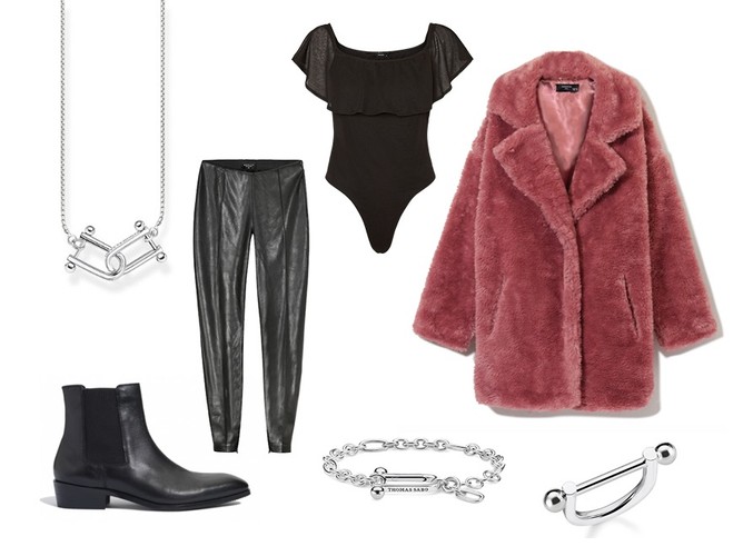 STYLIZACJE na jesien 2018: rockowy szał. Biżuteria Thomas Sabo: naszyjnik 575 zł, bransoletka 989 zł, pierścionek 494 zł;  płaszcz Reserved 229,99;  spodnie Mohito 99,99 zł;  body Vero Moda/answear.com 79 zł,  sztyblety Reserved 299,99 zł