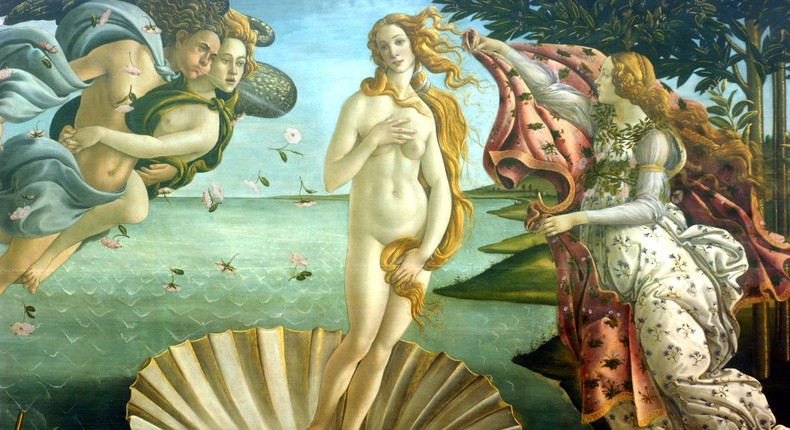 A detail of Sandro Botticelli's Birth of Venus on view at the Uffizi Gallery in Florence, Italy.
