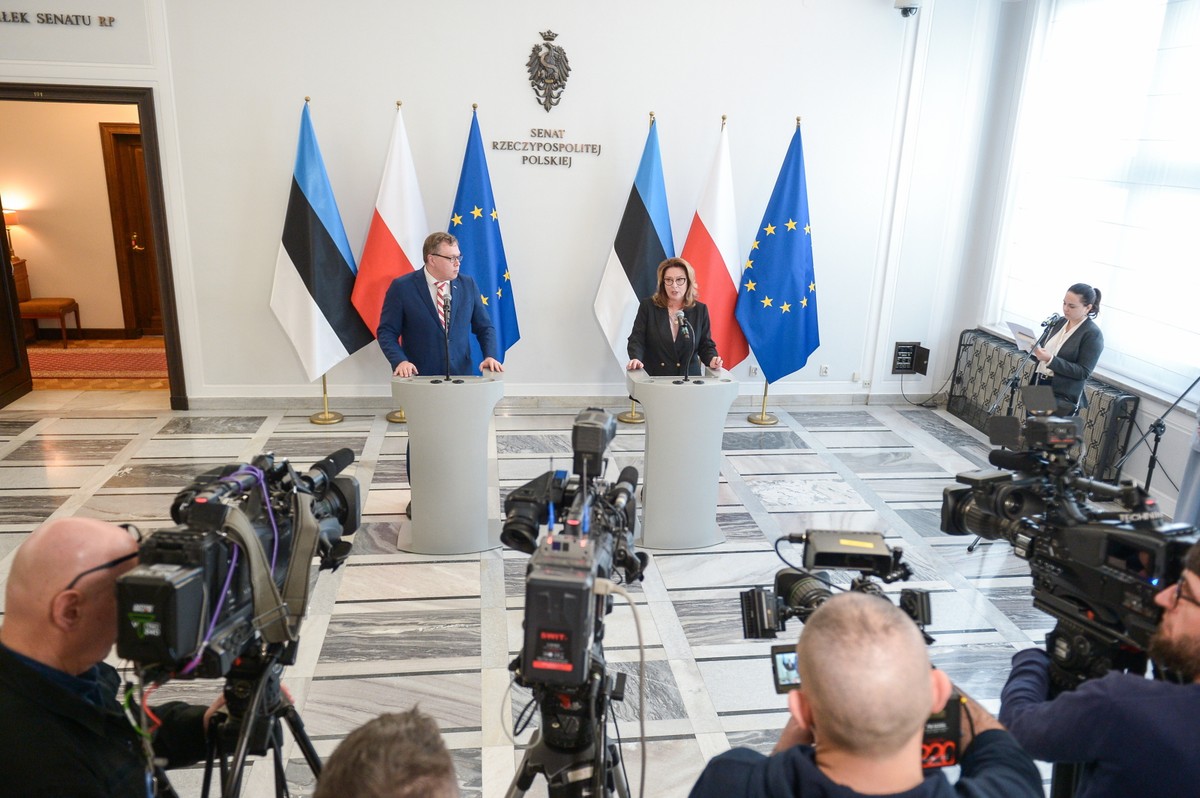 Marszałek Senatu RP Małgorzata Kidawa-Błońska oraz przewodniczący Zgromadzenia Państwowego Estonii Lauri Hussar podczas wypowiedzi dla mediów, po spotkaniu w Senacie w Warszawie