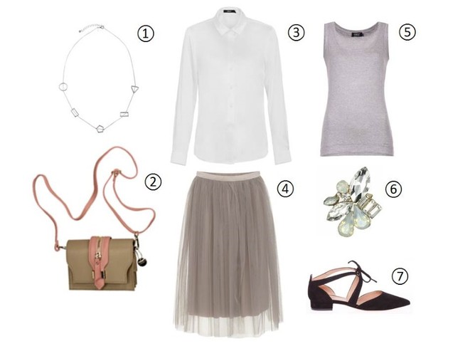 STYLIZACJA z białą koszulą na randkę: 1. naszyjnik Solar 39,00 zł 2. torebka Venezia 169,00 zł 3. koszula Simple 269,90 zł 4. spódnica Solar 259,00 zł 5. bluzka Simple 79,90 zł 6. pierścionek Molton 99,00  zł 7. buty Lidia Kalita 390,00 zł (ceny w Factory Outlet)