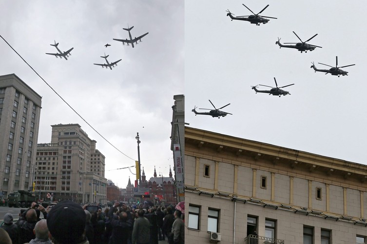 Według doniesień medialnych prezydent Rosji Władimir Putin po tym, jak weźmie udział w defiladzie wojskowej na Placu Czerwonym w Moskwie, poleci do Sewastopola na Krymie, aby uczestniczyć w lokalnych uroczystościach z okazji rocznicy wyzwolenia z rąk nazistów. 
 Na zdj. Samoloty rosyjskich sił powietrznych lecące nad Placem Czerwonym. Na zdjęciach widać klucz strategicznych bombodców Tu-95 oraz lecące w szyku bojowym śmigłowce Mi-28N