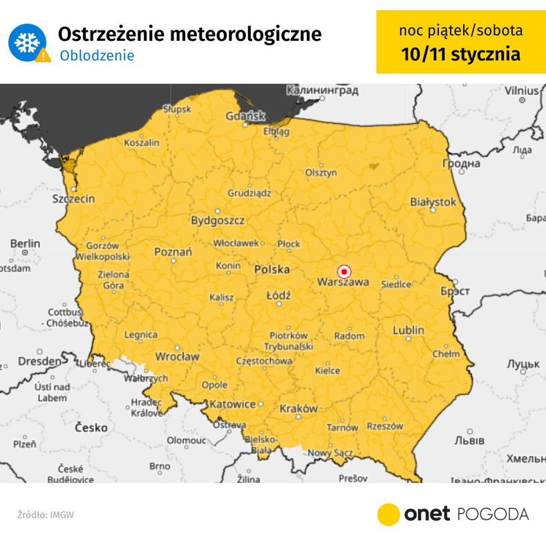 Ostrzeżenia IMGW przed oblodzeniem objęły niemal całą Polskę, oprócz obszarów podgórskich