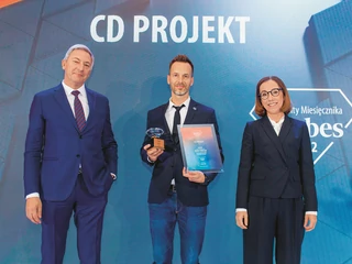 Na zdj. od lewej: Paweł Zielewski, redaktor naczelny „Forbesa”, Michał Platkow-Gilewski, VP of PR & Communication CD Projekt Red, i Ewa Łuniewska, wiceprezes ING Banku Śląskiego.