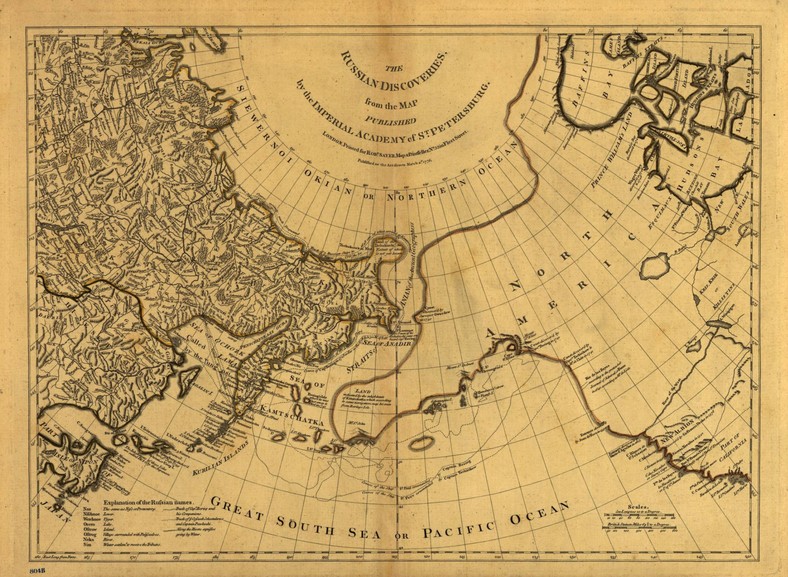 Mapa z 1775 r. przedstawiająca rosyjskie odkrycia.