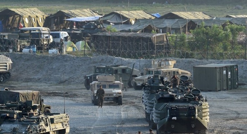 US Marines at a temporary camp for joint US-Philippine exercises north of Manila on April 14, 2016. The annual exercises started Monday but the longtime allies scaled them down in line with President Rodrigo Duterte's pivot to China and Russia