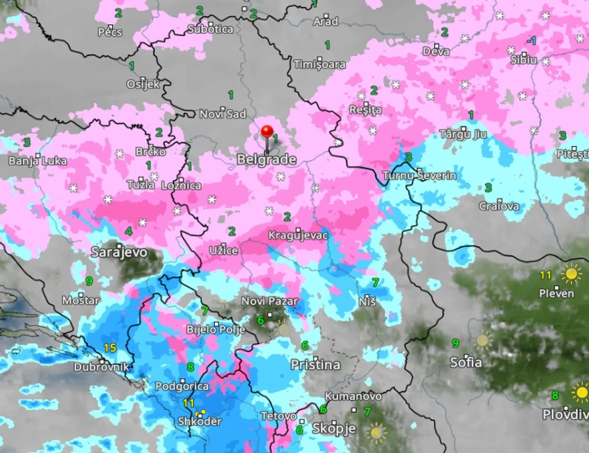 Mapa kretanja padavina u subotu u 11 časova