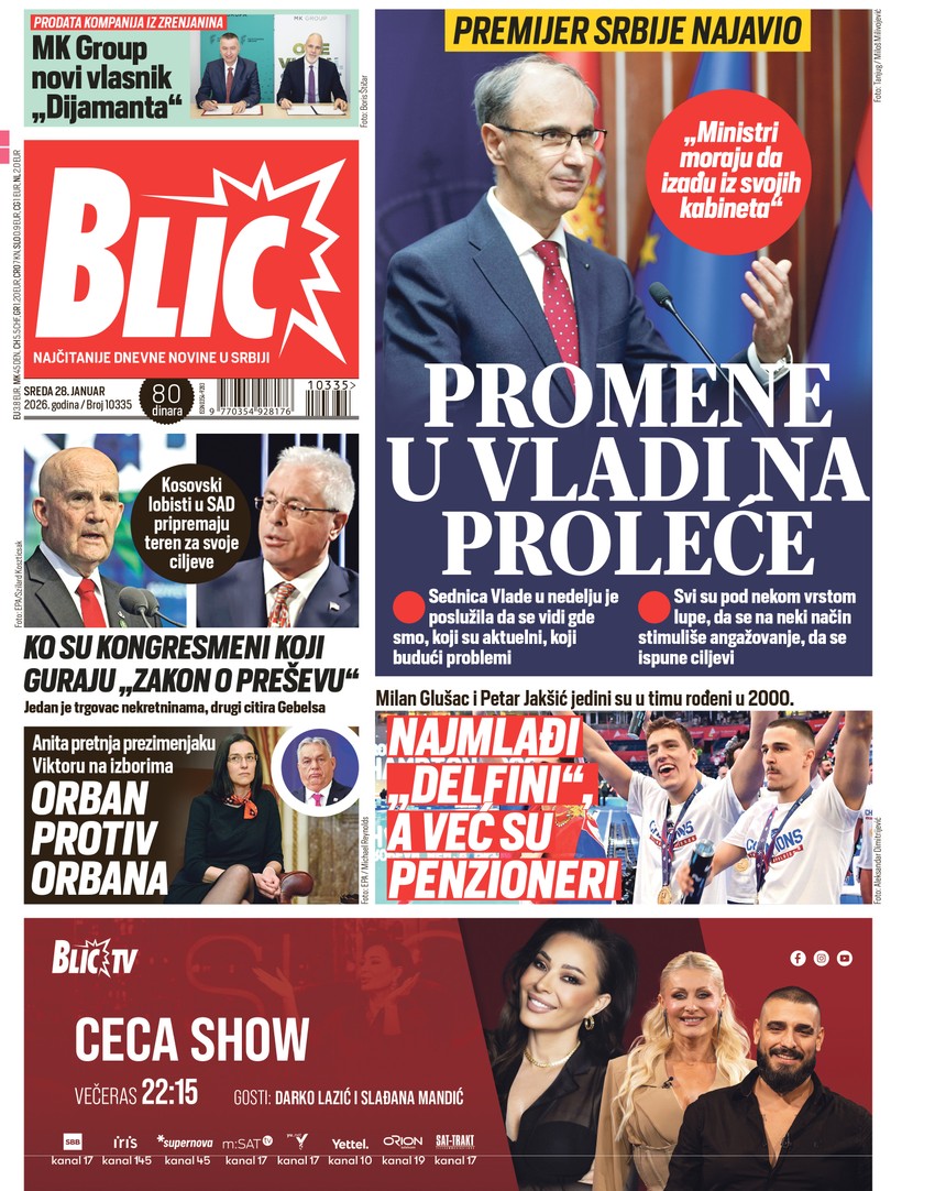 Blic naslovna strana za 28.1.