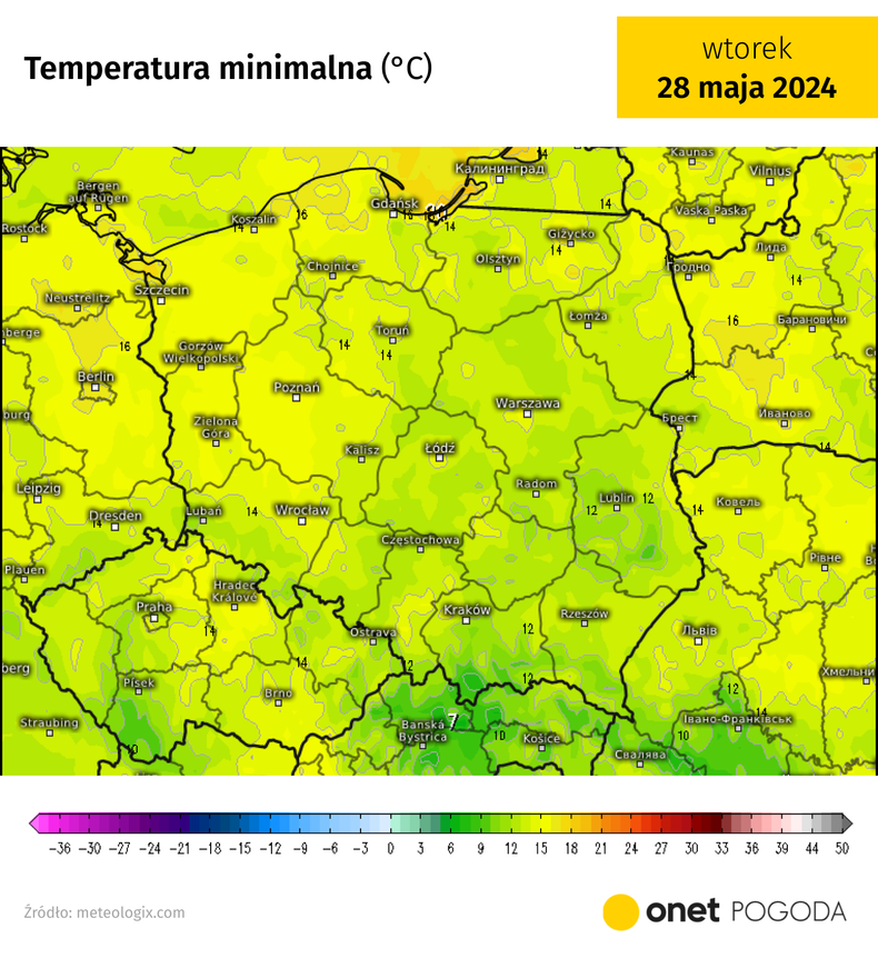 W nocy odnotujemy od 10 st. C na wschodzie do 15 st. C na zachodzie