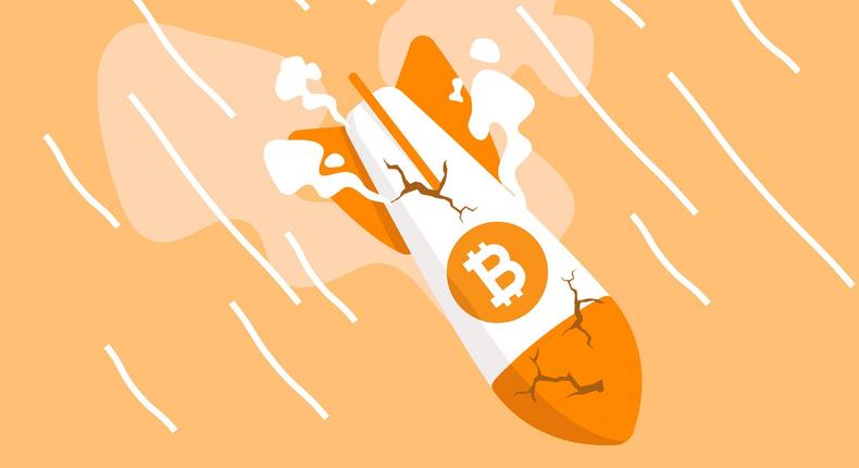 Bitcoin rocket crash flying down graphicGetty Images