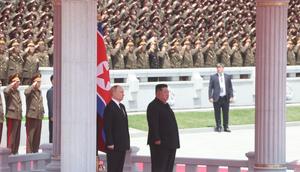 Russian President Vladimir Putin (C-L) and North Korean Supreme Leader Kim Jong Un attend a welcoming ceremony on June 19, 2024 in Pyongyang, North Korea.Contributor via Getty Images