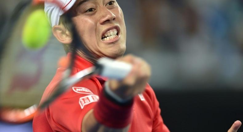 Japan's Kei Nishikori in action against Lukas Lacko of Slovakia during their third round match at the Australian Open in Melbourne on January 20, 2017