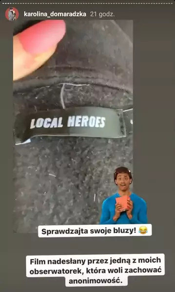 Zdjęcie, na którym widać wyciętą metkę w bluzie Local Heroes, fot. screen Instagram / @karolina_domaradzka