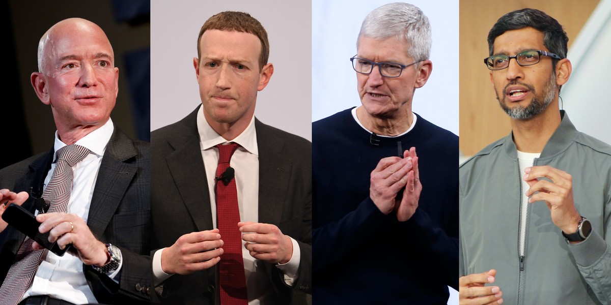 Od lewej: Jeff Bezos z Amazona, Mark Zuckerberg z Facebooka, Tim Cook z Apple, Sundar Pichai z Google