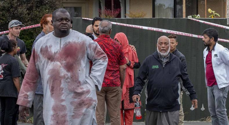 Alabi Lateef with a blood-stained cloth after the attack on Linwood Mosque on March 15, 2019 [CNN]